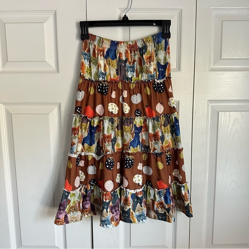 PixieGirl Skirt Girls 10/12 Brown Halloween Cat Pumpkin Print Tiered Fall Autumn